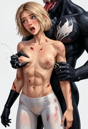 White background, (venom is touching the breasts of Gwen Stacy), (Gwen Stacy from Spiderman across the spiderverse), screaming, white leggings, blood on body, lactating breasts, small round breasts, breasts spewing milk, big areolas, skinny muscular body, bruised, bruises, samdoesart, dirty body, hard nipples, <lora:samdoesart_style_xl_v1:.5>
