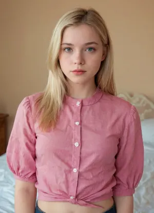 Full body shot, 18-year-old girl, ((Fair Skin)), long straight blonde hair, androgynous body, small pointed boobs, perky breasts, puffy nipples, puffy areaolas, pale nipples, veins slightly visible through skin, narrow hips, soft body, stocky, slightly thick, innocent face, big blue eyes, button nose, thick lips, chubby cheeks, short skirt, pink shirt