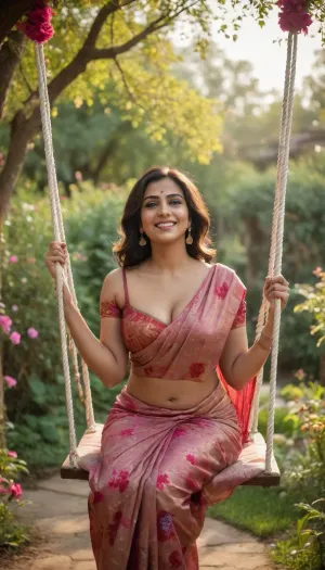A realistic Indian sexy woman, big round boobs, sexy hourglass body, seductive smile, wearing a saree with floral patterns, sitting on a swing in a vibrant garden full of blooming flowers, with sunlight streaming through the trees and birds flying overhead