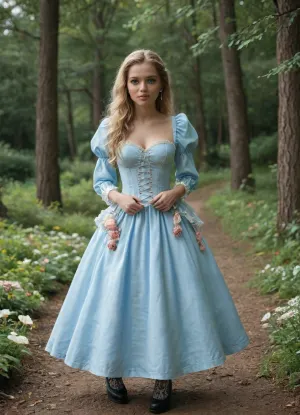 (masterpiece, best quality, photorealistic, ultra-detailed), 1girl, Alice Liddell, 18 y.o., classic Wonderland fantasy, long flowing blonde hair with soft curls, bright icy blue eyes, heart-shaped face, flawless pale skin, wearing ornate blue-and-white Victorian dress with puffed sleeves, lace apron, striped thigh-high stockings, shiny black shoes, standing in whimsical forest clearing filled with talking flowers and floating teacups, large mushroom trees in background, sunlight filtering through candy-colored leaves, innocent expression, subtle curves beneath tight corset waist, fantasy lighting, cinematic fairy tale atmosphere, <lora:add-detail-xl:1.2>