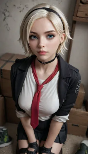 score_9_up, score_8_up, score_7_up, score_6_up, cinematic lighting, high quality, 4k resolution, absurdres, masterpiece, dynamic lighting, raw, 8K, depth of field, dynamic angle, sexy pose, best quality, detailed eyes, perfect eyes, realistic eyes, short hair, white hair, blue eyes, thick eyebrows, black eyebrows, black eyeshadow, pink lips, full lips, slender body, (Anby Demara), 18 years old girl, (from Zenless Zone Zero:1.3), fingerless gloves, black choker, black gloves, gloves, black hairband, black stockings, green shoes, medium breast, realistic breast, shirt, white shirt, red necktie, black jacket, pleated skirt, black skirt, BREAK, on_knees, front view, looking at viewer, movie perspective, white background, abstract background, cargo boxes background, artist, moriimee, detailed, (good face detail, perfect face quality, best image quality, best quality, good image detail, body and face are very well detailed, realistic, 8k, high definition of the face, or well detailed, perfect image clarity, very good image clarity, best eye detail, best girl detail, soft light), <lora:3D XL:2>