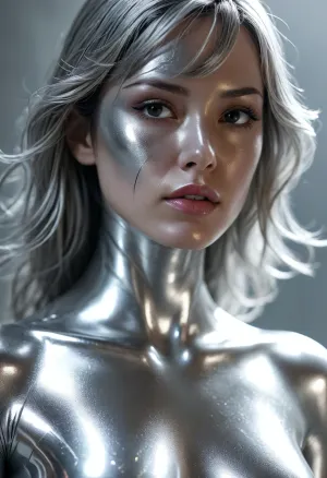 Marvel comics, sexy Japanese female Silver surfer, silver face, completely silver, <lora:MJ52:.4>