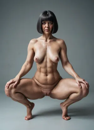 A full body view of, (((A 69-year-old woman, 1.70 m tall))), with a big ass, thick thighs, and heavy legs with thick ankles., (((She has very small, flat, and saggy tits. Her hair is gray, she has a bob cut))), tanned skin, a face with an aquiline nose, green eyes, and a slim waist. Her genitals are shaved, and she has large, well-defined, and pendulous labia. She is standing in a squatting position and looking at the camera. Her face is serious. background, the typical old Valais house with authentic woodwork.
