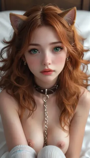 woman, laying on bed, ((18 years old)), asian Irish decent, fair skin, ((gymnast figure)), ((skin with high detail)), (hair with high detail), Ginger hair, curly hair, long hair, pigtails, freckles, large eyes, emerald green eyes, long lashes, lush lips, red lipstick, perky nose, perky breasts, pierced nipples, pierced naval, earrings, collar, chain leash, cat ears, breasts, knee socks, high quality, (realistic), soft focus, insanely detailed, of the highest quality qualities, <lora:style_lora_realis:.8>