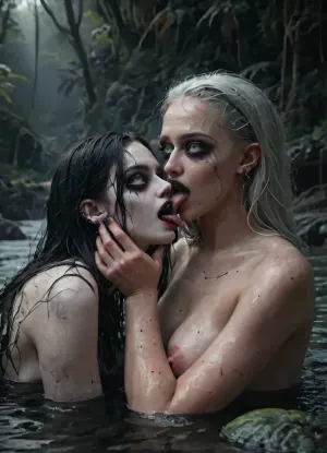 2 goth women, one licking others face, black hair, grey eyes, black fingernails, lesbians, nude, dark jungle river, Goth, (pale:2), Dark, dreams, Eerie, reality, Horror, Darkness, <lora:Goth_v3.5:1>, <lora:DDXL:.6>, <lora:HandFineTuning_XL:.6>, <lora:681678_training_data:.6>, <lora:add-detail-xl:1.5>