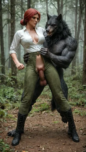 In a foggy forest, side view, full body view of female, (Triss Marigold from Witcher 3), (wearing unbuttoned white shirt, (green crotchless Pants), pussy visible, high leather boots), a werewolf try fucking her from behind, slim body, big flashing breasts, detailed bottom, fight, ((a werewolf cock sticks out between her legs)), (erect massive cock visible), looking at wiver, (((dick jerking pussy))), (the werewolf holding Tris by the thighs lifts her up, legs spread wide), ((no penetration))