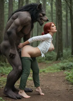 sex vaginal, In a foggy forest, side view, full body view of female, (Triss Marigold from Witcher 3), wearing unbuttoned white shirt, green crotchless Pants, a werewolf is fucking her in doggy style position, on tiptoe, one knee raised, slim body, blushing, big flashing breasts, very sweaty, huge creampie, detailed bottom, massive werewolf cock in pussy, the werewolf holds Triss's arms twisted behind her back, the werewolf holds Triss's by her hair