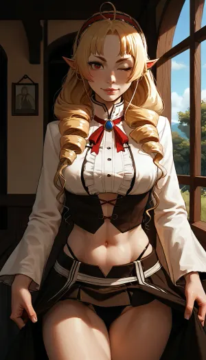 masterpiece, best quality, high resolution, hires, score_9, score_8_up, score_7_up, score_6_up, (Elinalise from Mushoku Tensei:1.4), incase, style, ratatatat74, solo, close up, long blonde hair, elf ears, drill hair, drill locks, drill curls, large breasts, (voluptuous body), midriff, navel, short skirt, black thong, (wide hips, thick thighs), looking at viewer, red pupils, one eye closed, smirk, seductive pose, ((lifting short skirt)), day, detailed, fantasy, cottage, <lora:287175_training_data:1.5>, <lora:ratatatat74-000050:1.3>