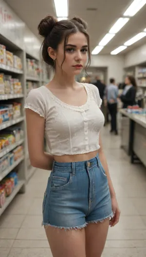 1girl. Hair is styled in a messy double bun. Cute confused look. Delicate body. Dressed in a glossy frill short-sleeve blouse and ruffle shorts. Inside a pet store. Light make-up and subtle mascara and eyeliner. High-contrast lighting, Photorealistic, Natural atmospheric lighting, intricate details, 35mm photograph, film, professional, 4k visuals, highly detailed, elegant, studio quality.