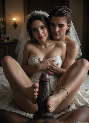 ((POV of a black man with large oily black penis footjob with the persian bride)), bbc, Anklet, white french nail polish, high quality nail, large black penis, interracial, (((The young iranian white cuckold man is hugging the bride and he is happy))), a Curvy Persian bride in a beautiful white slutty and cutout wedding dress on a luxurious bed, ((white cuckold groom in a suit gently hugging her)), (both looking at each other lovingly), soft candlelight and moonlight glowing in the room, rose petals scattered around, dreamy and intimate atmosphere, fantasy style, highly detailed, A romantic bedroom scene, cinematic lighting, romantic_couple_poses, green, eyes, blue, brown, perfecteyes, BadX, <lora:1365620_training_data:.5>, <lora:PerfectEyesXL:.5>, <lora:dAIversityUnderstandingXLRealistic:.8>, <lora:dark:.4>