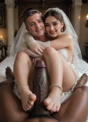 ((POV of a black man with large oily black penis footjob with the persian bride)), bbc, Anklet, white french nail polish, high quality nail, large black penis, interracial, (((The young iranian white cuckold man is hugging the bride and he is happy))), a Curvy Persian bride in a beautiful white slutty and cutout wedding dress on a luxurious bed, ((white cuckold groom in a suit gently hugging her)), (both looking at each other lovingly), soft candlelight and moonlight glowing in the room, rose petals scattered around, dreamy and intimate atmosphere, fantasy style, highly detailed, A romantic bedroom scene, cinematic lighting, romantic_couple_poses, green, eyes, blue, brown, perfecteyes, <lora:1365620_training_data:.5>, <lora:PerfectEyesXL:.5>, <lora:dAIversityUnderstandingXLRealistic:.8>, BadX
