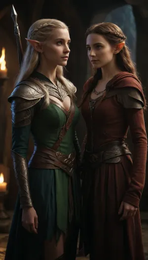 a tall female elf warrior and a short hobbit female thief