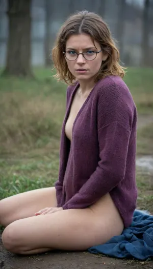 Create an intense, cinematic art evocative portrait. 32 yo girl, ((naked)), with short brown curley hair, rectangular glasses with black rim, brave, scared but serious, heavy rain weather, the rain wet his face, the field is transformed into a apocalyptic landscape., ((Colourful patterned, over hip-length woollen jumper)), bottomless, ((lying on stomach)), (she is fucked from behind by dirty homeless man:1.8), rough, rough sex, (hair pull), . The delicate Details and dark colors make this a truly unique and captivating image. Deep blue eerie light, eyes open in a moment of raw emotion. The blue and black palette intensifies the mood, evoking a sense of mystery and allure. Subtle film grain and metic, purple and blue is main color, energy around, shining, glow