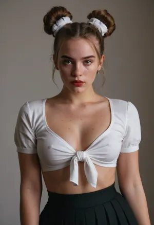 A beautiful young woman with fair skin and hair styled in two space buns, each tied with a white scrunchie, horny face, poses against a plain white wall. She is wearing a fitted white cropped top with short sleeves and visible nipples and medium size breast, pleated mini skirt. Her makeup includes dramatic eyeliner and natural-toned lipstick, with freckles visible on her face. The lighting is direct and slightly bright. Standing aside to show her small and fitted ass, ohwx, woman, <lora:billie_dh128_lora_v2:.8>