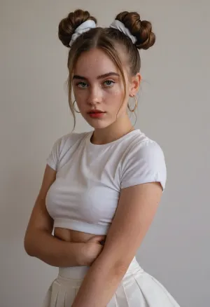 A beautiful young woman with fair skin and hair styled in two space buns, each tied with a white scrunchie, horny face, poses against a plain white wall. She is wearing a fitted white cropped top with short sleeves and visible nipples and medium size breast, pleated mini skirt. Her makeup includes dramatic eyeliner and natural-toned lipstick, with freckles visible on her face. ass, small round ass. Standing aside to show her small and fitted ass, ohwx, woman, <lora:billie_dh128_lora_v2:.8>