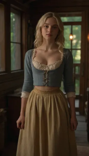 ((ultimate realistic photo)), ((18 yo innocent petite blonde girl)), 18th century clothing, deep cleavage, ((medium breasts)), in a cabin in the woods, golden light, ((skirtlift)), showing perfect pussy, UHD 8K, cinematic masterpiece, maximum quality, maximum details, realism, score 9, score 8 up, score 7 up