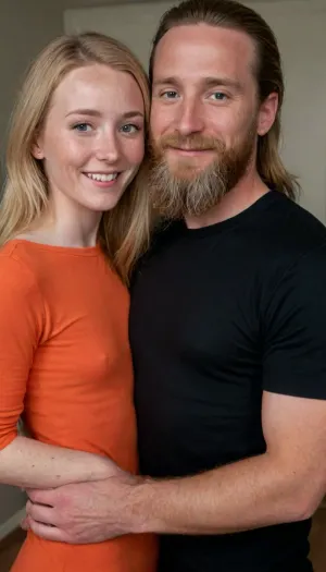Clothed, tight orange dress on female, freckles, blonde hair, petite, 25 year old girl, flat, chested, <lora:flat_chested_v3.5:.8>, smile, hugging a, ((40 year old man with, long hair, and a long beard in a black shirt)), braless, Wearing, clothes, that, make, sense, with, Braless>, <lora:bralessSDXL_v1_00022:.8>