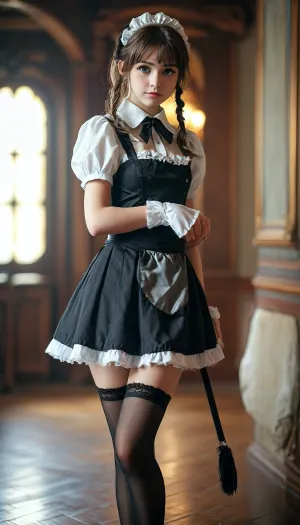 Petite 18-year-old cosplayer girl, full length, erotic cosplay, underwear, maid, small body, stockings, shoes, <lora:MJ52:.7>