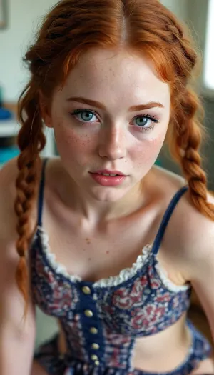 lies on the school desk, Redhead, two disheveled braids, cute face, young face, freckles, makeup, mascara ran, horny look, enjoys, screams with pleasure, skinny, 18 year old girl, tight pussy, (torn tights), string patterned panties, (string patterned panties in pussy gap shown), (patterned dress), (wide hips), vaginal sex, cum in pussy, cum inside, <lora:Midjourney Image Enhancer XL v1:.8>