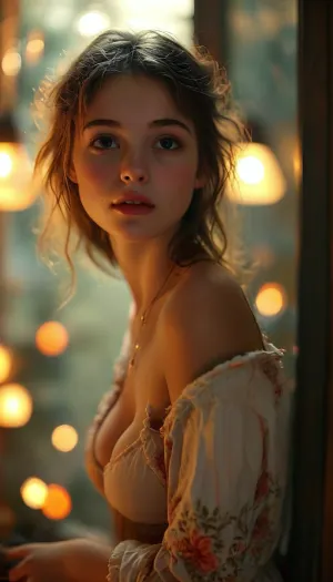 Full body image, viewer is outside, POV of a peeping-tom looking through a window from outside at a cute, mousy 21-year-old girl inside the house, plump lips, She is curvaceous with wide hips, large breasts, and a skinny waist. Her shocked expression is dorky and adorable as she wears pajamas. With her hand in her pants, she appears surprised in the nighttime setting, illuminated by warm, golden lamp light. Her symmetrical eyes, perfect teeth, and sexy mouth create an alluring look., duhh, <lora:MJ52:1.1>