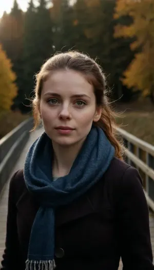 A 30yo woman is passing you on a small pedestrian bridge, brifly and shy expressionless eye contact, dark jacket with wool collar, big scarf, hands in pockets, chestnut wavy hair pulled back and held together in a small ponytail, very milky and pale skin, autumn early morning sun, sun beams and shadowy details on her face, her eyes are very bright and blue gray ish, eye corona is dark and intense, masterpiece, extremely high quality photograph, taken with a snapshot fast lens on a Nikon camera.
