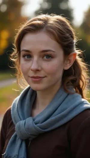 A 21 years old elf girl, elf ears, elf, well-build body, medium tits, small lips, lots of freckles face and skin, blush on the checks and nose, (raised nasal tip, upturned button nose, upturned nose, delicate nose, nose), brown wild wet hair with sidelocks, very sexy smile, is passing you on a small pedestrian bridge, brifly and shy expressionless eye contact, dark jacket with wool collar, big scarf, hands in pockets, chestnut wavy hair pulled back and held together in a small ponytail, very milky and pale skin, autumn early morning sun, sun beams and shadowy details on her face, her eyes are very bright and blue gray ish, eye corona is dark and intense, masterpiece, extremely high quality photograph, taken with a snapshot fast lens on a Nikon camera.