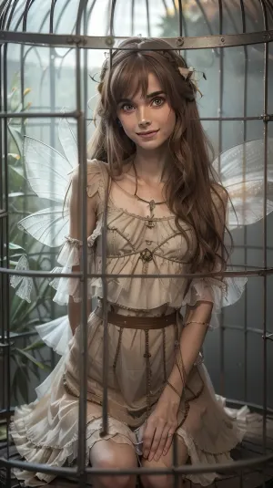 (locked inside, within, in the middle of a cage:1.8), (whole bird cage in shot, seen from afar, girl holding on to bars, wants to get out:1.8), (seen through bars:1.8), (prisoner:1.8), (whole body shot:1.8), (fairy:1.8), (translucent fairy wings:1.8), (rustic clothes:1.8), (trapped locked inside ornate metal birdcage:1.8), (sitting inside bird cage:1.8), (caged:1.8), (behind bars:1.8), (macro photography:1.8), anon RF 100mm F2.8L Macro SIZE USM, woman, portrait, ((18 years old)), ((slim figure)), cheeky smile, ((skin with high detail)), high quality, detailed skin texture, (light highlighted brown cream hair:1.3), high detail, (smile:1.2), ((slender body)), (realistic), soft focus, soft light, insanely detailed, top quality, <lora:weight_slider_v2:-1>, <lora:age_slider-LECO-v1:1>, in_cage, <lora:in_cage:.8>
