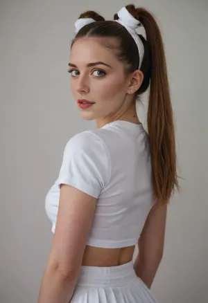 A beautiful young woman with fair skin and hair styled in two space buns, each tied with a white scrunchie, horny face, poses against a plain white wall. She is wearing a fitted white cropped top with short sleeves and visible nipples and medium size breast, pleated mini skirt. Her makeup includes dramatic eyeliner and natural-toned lipstick, with freckles visible on her face. The lighting is direct and slightly bright. Standing aside to show her small and fitted ass