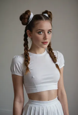 A beautiful young woman with fair skin and hair styled in two space buns, each tied with a white scrunchie, horny face, poses against a plain white wall. She is wearing a fitted white cropped top with short sleeves and visible nipples and medium size breast, pleated mini skirt. Her makeup includes dramatic eyeliner and natural-toned lipstick, with freckles visible on her face. The lighting is direct and slightly bright. Standing aside to show her small and fitted ass