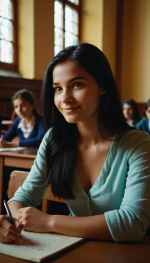 Cinematic, the girl is sitting to your right at the Russian university, looking at you and smiling easily, the warm light makes its way through her black hair, She unwittingly writes math formulas.
