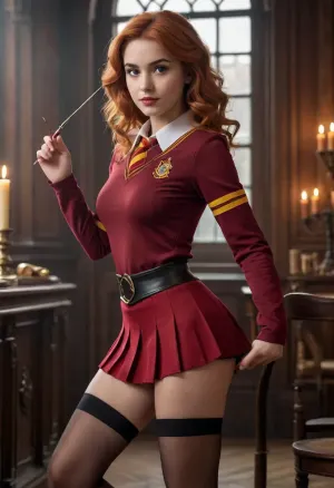 Le griffindor envoûté

- Oui.

Une jeune femme habillée d'un élégant uniforme d'étudiante Gryfindor est assise avec confiance sur une table, une jambe pliée, l'autre étendue vers l'avant. Elle tient une baguette magique dans ses mains, en la baissant de façon ludique en se penchant légèrement. L'arrière-plan présente l'emblématique crête de lion de Gryfindor et une salle remplie d'éléments magiques comme des bougies flottantes et des livres anciens.