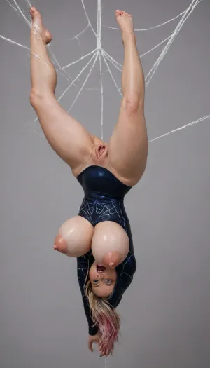 beautiful naked sexy skinny 20 year old spidergirl with huge tits on small frame, erect nipples, (excessive puffy nipples:1.543), excessive puffy nipples, light blond hair, (shiny shiny big breasts on display:1.43), (massive tits), breast hypertrophy, macromastia, massive breasts, nipples, shaved pussy, no pubic hair, ((puffy nipples, long nipples, big nipples)), (puffy nipples:1.65), ((shiny shiny tits:1.3)), ((Long conical tits)), sideview, nipple penetration, squeeze, (very glossy shiny boobs:1.2), ((one leg raised straight up by spiderweb, spiderweb holding raised leg in splits:1.543)), fit body, <lora:Spider-Gwen:.9>, (spidergirl gwen stacy in bodysuit with hood on head:1.1), (rekt pussy:1.3), (gaping pussy), (vulva:1.1), (big clit:1.1), (big pussy pussy), pussy hole, huge pussy, creampie, (huge gape), (big clit), (huge gape:1.5), lulublair, gaping, pussy, vaginal, hole, 1girl, solo, (pussy juice dripping down from swollen stretched pussy:1.4), (gaped pussy:1.2), suspended in web, trapped by web, spiderweb bondage, (dangeling from spiderweb upside-down with macromastic tits hanging down:1.5), (((bouncing breasts:1.5)))