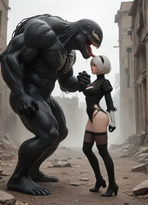 2B, white hair, short hair, half naked, torn black clothes, blue eyes, black hairband, yorha no. 2 type b, ruins, red eyeshadow, looking away, side view, full body view being fucked by a huge Venom, <lora:267502_training_data:.5>, onarmor, meatshield, fannypacking, <lora:onarmor_xl:.8>