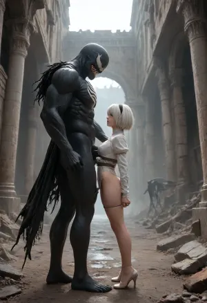 2B, white hair, short hair, black clothes, blue eyes, black hairband, yorha no. 2 type b, ruins, red eyeshadow, looking away, side view, full body view being fucked by a huge Venom, <lora:267502_training_data:.5>, onarmor, meatshield, fannypacking, <lora:onarmor_xl:.8>