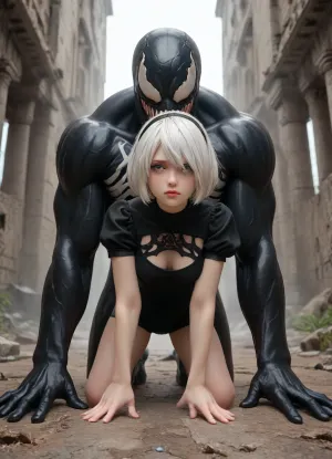 2B, white hair, short hair, black clothes, blue eyes, black hairband, yorha no. 2 type b, ruins, red eyeshadow, looking away, full body view being fucked by a huge Venom, <lora:267502_training_data:.5>