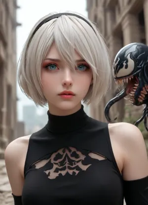 2B, white hair, short hair, black clothes, blue eyes, black hairband, yorha no. 2 type b, ruins, red eyeshadow, looking away, fucked by a huge Venom, <lora:267502_training_data:.5>