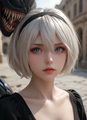 2B, white hair, short hair, black clothes, blue eyes, black hairband, yorha no. 2 type b, ruins, red eyeshadow, looking away, fucked by a huge Venom, <lora:267502_training_data:.5>