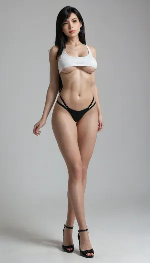 Tifa lockhart from final fantasy, Tifa Lockhart, final fantasy, black hair, blue eyes, wearing a tifa lockhart costume, cleavage, underboob, standing, white background, highly detailed, high resolution, full body view, high heels