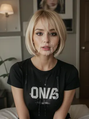 1milf, 35yrs, cute, blonde, bobcut, swedish, busty, cum on shirt, black tshirt with cum on, cum on face, shocked, solo, RAW photo, beautiful, subject, 105mm professional photography, 8k uhd, dslr, soft lighting, high quality, film grain, Fujifilm XT3, sexy pose, home, short t-shirt, salva, <lora:facialized:.8>
