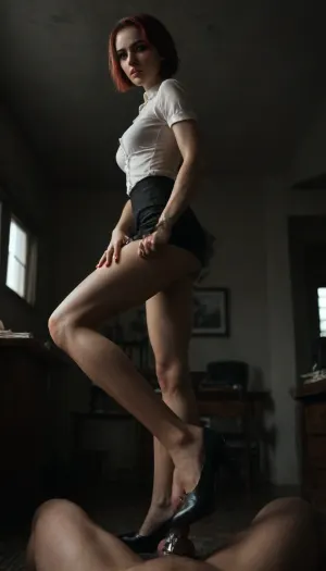 side view, Standing foot job with one leg, score_9, score_8_up, score_7_up, (slim:1.4), (realistic), 4K, (leaning to viewer:1.4), (short red wild hair:1.3), (muscular legs:1.4), (black heels:1.4), (natural tshort black skirt:1.1), (white blouse:1.1), highly detailed, detailed face, detailed legs and feet, bdsm room, low dim light, hands on her waist, red feet nails, pov, Below, Sexuality, low_angle_human, footstomp, barefoot, feet, foot, focus, soles, toes, very very small penis, foreshortening, view, from, below, chastity cage, (((penis is locked in chastity cage))), upskirt view, nude vagina, naked pussy, wicked, angry face, (sexy makeup:1.3), femdom, five fingers, large full lips, wide jaw, snub-nosed, (milf), standing, domination, misstress, cruel, (perfect pussy:1.2), (office as background:1.2), harness, garter, straps, cupless, bra, <lora:Harness_Straps_sdxl:1>, <lora:dark:.5>, <lora:602270_training_data:.8>