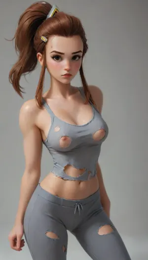(((((brigitte from Overwatch))))), (sexy torn small tanktop, super small grey tight sweatpants:2), gigantic erect hard nipples, <lora:Samaritan 3d Cartoon SDXL:.3>, <lora:Animated_Concept:.8>