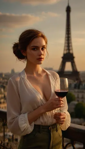 (masterpiece, best quality, highres, photorealistic), 18-year-old French girl named Camille, seductive and elegant, slender and curvy body with an hourglass silhouette, soft porcelain skin with natural rosy glow, standing barefoot on a Parisian rooftop terrace at golden hour, loose cropped jeans with frayed cuffs hugging her hips and thighs, short unbuttoned white silk blouse barely tied under her large, round, firm breasts, revealing deep cleavage and undercurve, sheer fabric softly clinging to her skin, nipples subtly outlined beneath the silk, long auburn hair tied in a messy low bun with loose strands falling over her face, soft flushed cheeks, full glossy lips slightly parted, large green eyes with smoky makeup and dreamy gaze, gold hoop earrings and thin layered chains on neck, one hand holding a half-filled wine glass, the other resting on her exposed hip, light breeze lifting the edge of her blouse and hair, romantic view of the Eiffel Tower and cloudy amber sky behind her, detailed textures of fabric, skin and urban stonework, cinematic lighting, painterly golden shadows across her curves, photorealistic softness and atmosphere, ultra-detailed focus, strong femininity, <lora:PerfectEyesXL:1>, <lora:add-detail-xl:.8>
