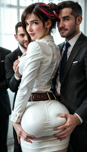 8K, UHD, photorealistic, Tifa Lockheart, petite, blushing, auburn hair with pink highlights, brown eyes, blush on face, hair in bun, extremely beautiful, perfect face, perfect skin, (rear view), side view, glossy pink lip gloss, gold earrings, red suit, tight waist belt, lines in suit, (tight white pencil skirt, professional work clothes:1.2), no pockets, (studly 30yo man groping ass from behind:1.1), (alpha man, dominant man), several other men in background, (a confident and studly man is standing close behind the woman, grabbing her ass and whispering in her ear:1.3), (ass grabbed:1.3), (ass groping:1.3), intricate background, <lora:style_lora_realis:.8>