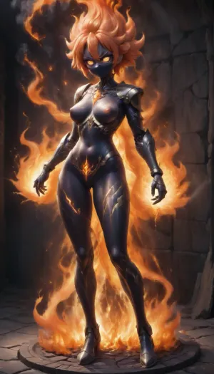Acrylic and chalk highly detailed digital painting full length profile view of a fierce fantasy warrior woman with flowing, fiery red and orange hair that swirls like flames. She wears an intricately detailed black and flame-patterned armored bodysuit that blends seamlessly with her surroundings. Her face is partially covered by a black mask, revealing intense eyes and a confident gaze. She holds an ornate, flame-etched katana with both hands, its blade appearing to ignite with swirling fire. The background features a dramatic black marble wall with glowing orange veins, enhancing the intense, molten aesthetic., titcup, <lora:titcupv2_SDXL:.2>, #largeboobs #bigsexytits