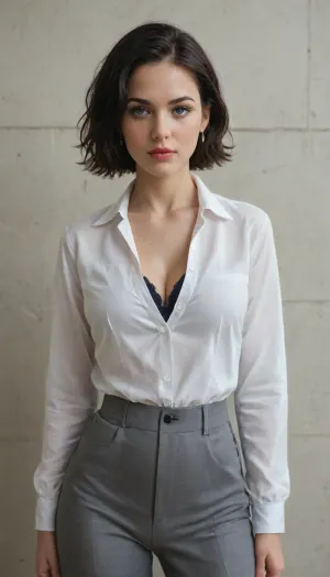 1girl.

Image of a woman standing near the concrete wall. Her blouse is slightly unbuttoned.

adult, breasts, Breast implants, cleavage, black hair, short hair, grey blue eyes, detailed iris, captivating eyes, (eyeliner:.75), (lipstick:.5), (eyeshadow:.7), eyelashes, athletic body, grey trousers, bra, underwear, white blouse, slim blouse, office clothes, relaxed face, model pose.

perfect lighting, simple background.

professional photo, masterpiece, absurdres.