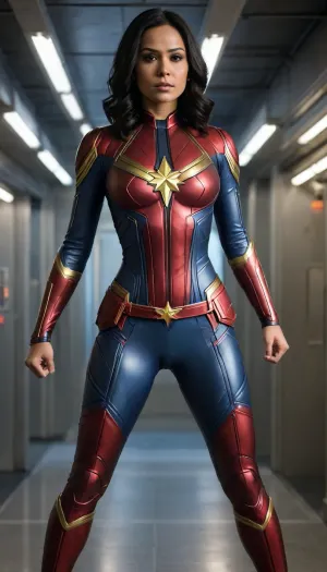 A very beautiful indian woman dressed like captain Marvel nude from Marvel, black hair, full body view, wide hips, round boobs