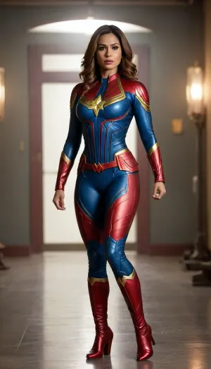 A very beautiful sexy indian woman, muscular body, long seductive face, full body is dressed like captain marvel from marvel, red lips, she a great body with wide hips and firm rounded boobs, full erotic body pose