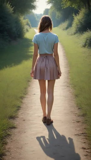 epic painting, girl in a short skirt standing at parting ways, (two parting ways:1.2), (two forking paths), (path to left and path to right), (two paths:1.2), (decision), (deviating paths), (two parting ways), (fork)
