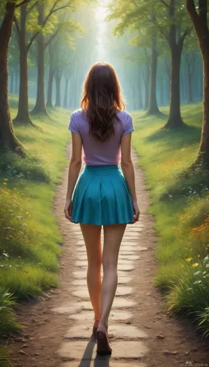 epic painting, girl in a short skirt standing at parting ways, (two parting ways:1.2), (two forking paths), (path to left and path to right), (two paths:1.2), (decision), (deviating paths), (two parting ways), (fork), (diverging paths:1.2), (meandering path)