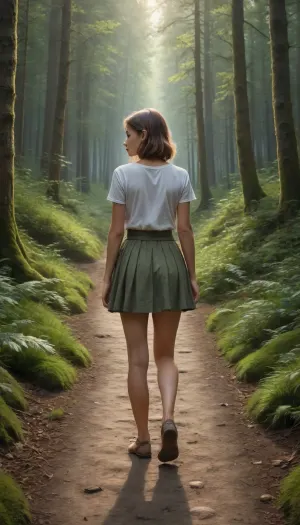 epic painting, girl in a short skirt standing two paths, (path splits left and right:1.3), (she has to make a decision), (two directions), (alternating), (parting of ways), (path into the forest), (fairy tale)